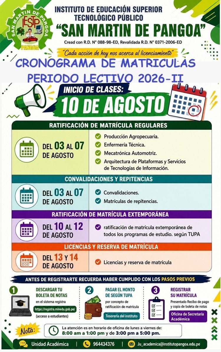 CRONOGRAMA DE MATRÍCULAS PERIODO LECTIVO 2026-II